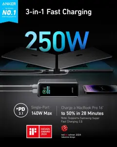 ⁦انكر باور بانك من برايم، شاحن محمول بـ3 منافذ 250 واط (99.54 واط في الساعة)، متوافق مع ماك بوك برو/اير، ايفون 15/14/13، سامسونج، ديل، والمزيد (قاعدة الشحن غير متضمنة)، أسود⁩ - الصورة ⁦7⁩