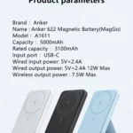 انكر باور بانك، بطارية مغناطيسية 622 (ماج جو) شاحن لاسلكي مغناطيسي قابل للطي 5000mAh  ومنفذ USB-C لايفونات 14/13/12/  15/15 بلس/15 برو/15 برو ماكس