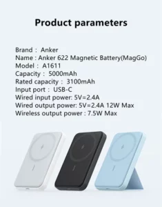 انكر باور بانك، بطارية مغناطيسية 622 (ماج جو) شاحن لاسلكي مغناطيسي قابل للطي 5000mAh  ومنفذ USB-C لايفونات 14/13/12/  15/15 بلس/15 برو/15 برو ماكس