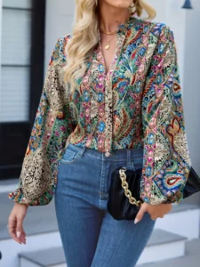 Paisley Print Notch Neck Blouse، بلوزة طويلة عارضة للربيع والخريف، ملابس نسائية