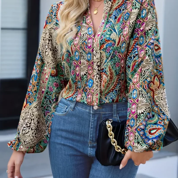 Paisley Print Notch Neck Blouse، بلوزة طويلة عارضة للربيع والخريف، ملابس نسائية