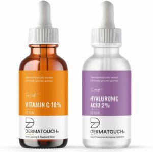 DERMATOUCH Anti Aging Serum Set - 10% Vitamin C Serum & 2% Hyaluronic Acid Serum | For Wrinkle, Firming, Hydration & Radiant Skin | Boost glow & Moisturize to Skin - 30ml + 30ml