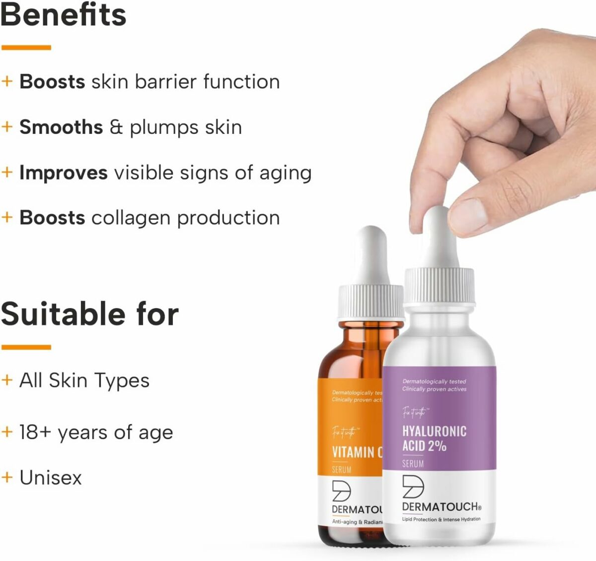 DERMATOUCH Anti Aging Serum Set - 10% Vitamin C Serum & 2% Hyaluronic Acid Serum | For Wrinkle, Firming, Hydration & Radiant Skin | Boost glow & Moisturize to Skin - 30ml + 30ml