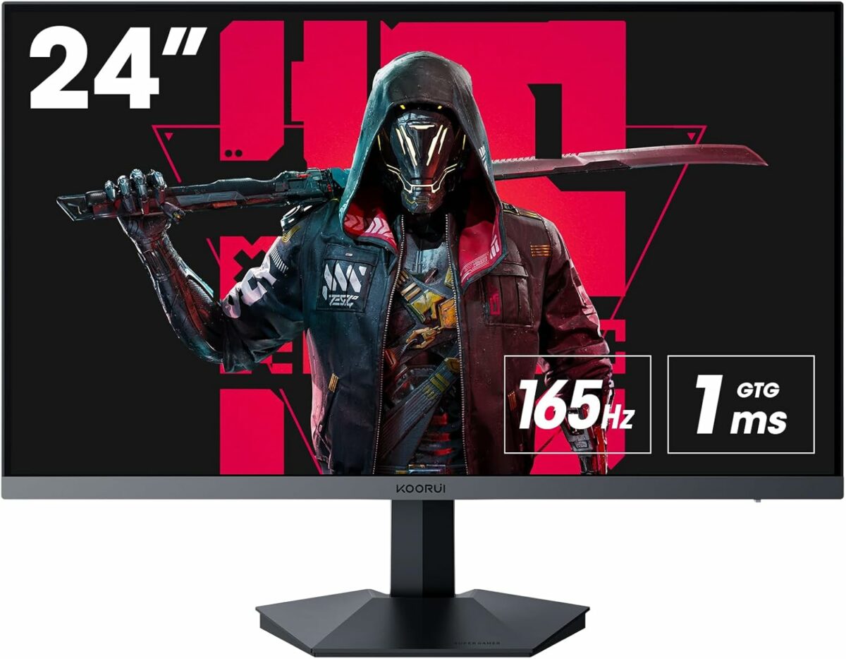 KOORUI Monitor Gaming, 24 Inch Computer Screen HDMI, 165Hz, 1080p, 1ms, IPS, FreeSync, Compatible G-sync, Tilt Adjustable, Eye Care, VESA Wall Mountable (FHD 1920x1080, DisplayPort) Black