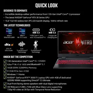 Acer Nitro 5 Gaming Laptop 12th Gen Intel Core i5-12500H /16GB RAM / 512GB SSD / 4GB NVIDIA GeForce RTX 3050 Ti GPU /15.6" FHD 144Hz IPS Display/Windows 11 Home/Obsidian Black/English Keyboard 2 71FGcr2NfoL. AC SL1500
