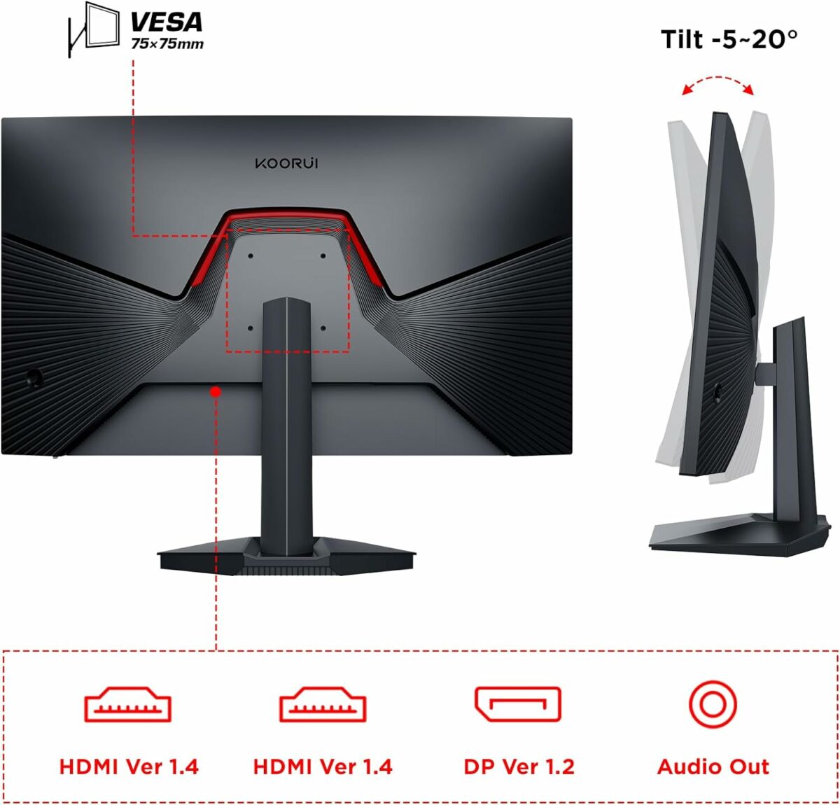 KOORUI Monitor Gaming, 24 Inch Computer Screen HDMI, 165Hz, 1080p, 1ms, IPS, FreeSync, Compatible G-sync, Tilt Adjustable, Eye Care, VESA Wall Mountable (FHD 1920x1080, DisplayPort) Black