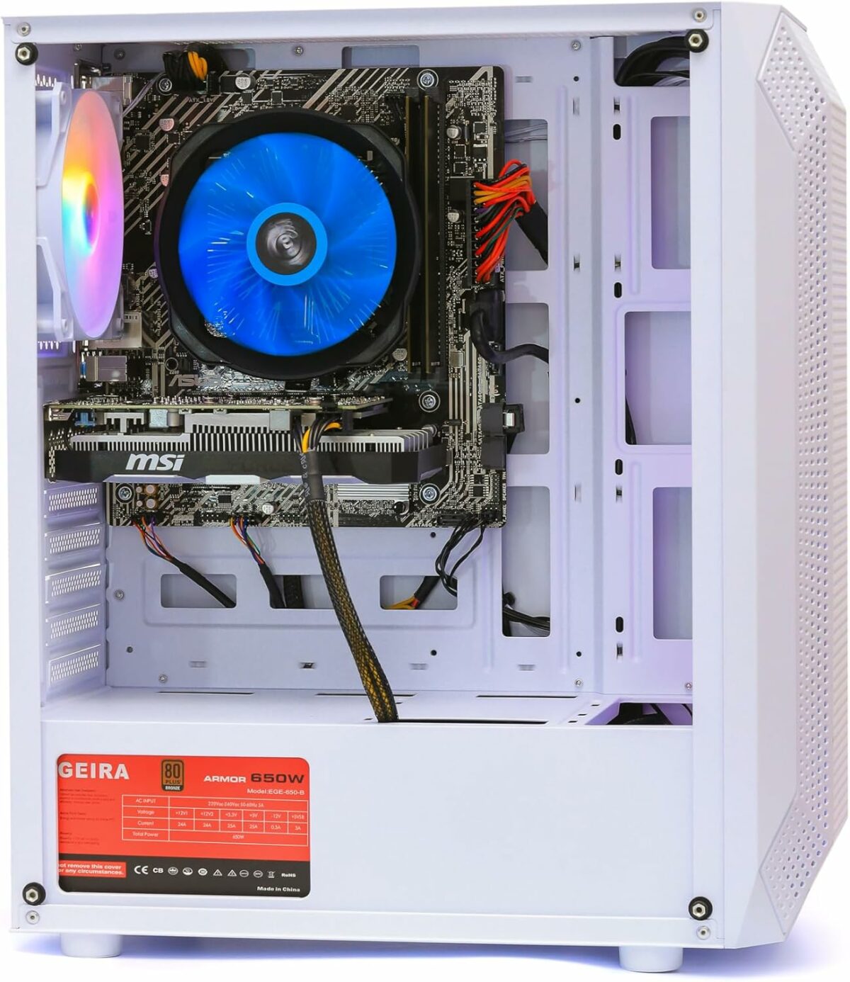 Gaming PC, Intel i5-10400F, GTX 1650, 16GB RAM, 500GB SSD, 500W PSU, H510M-K Motherboard, 4-Fan RGB Case (White)