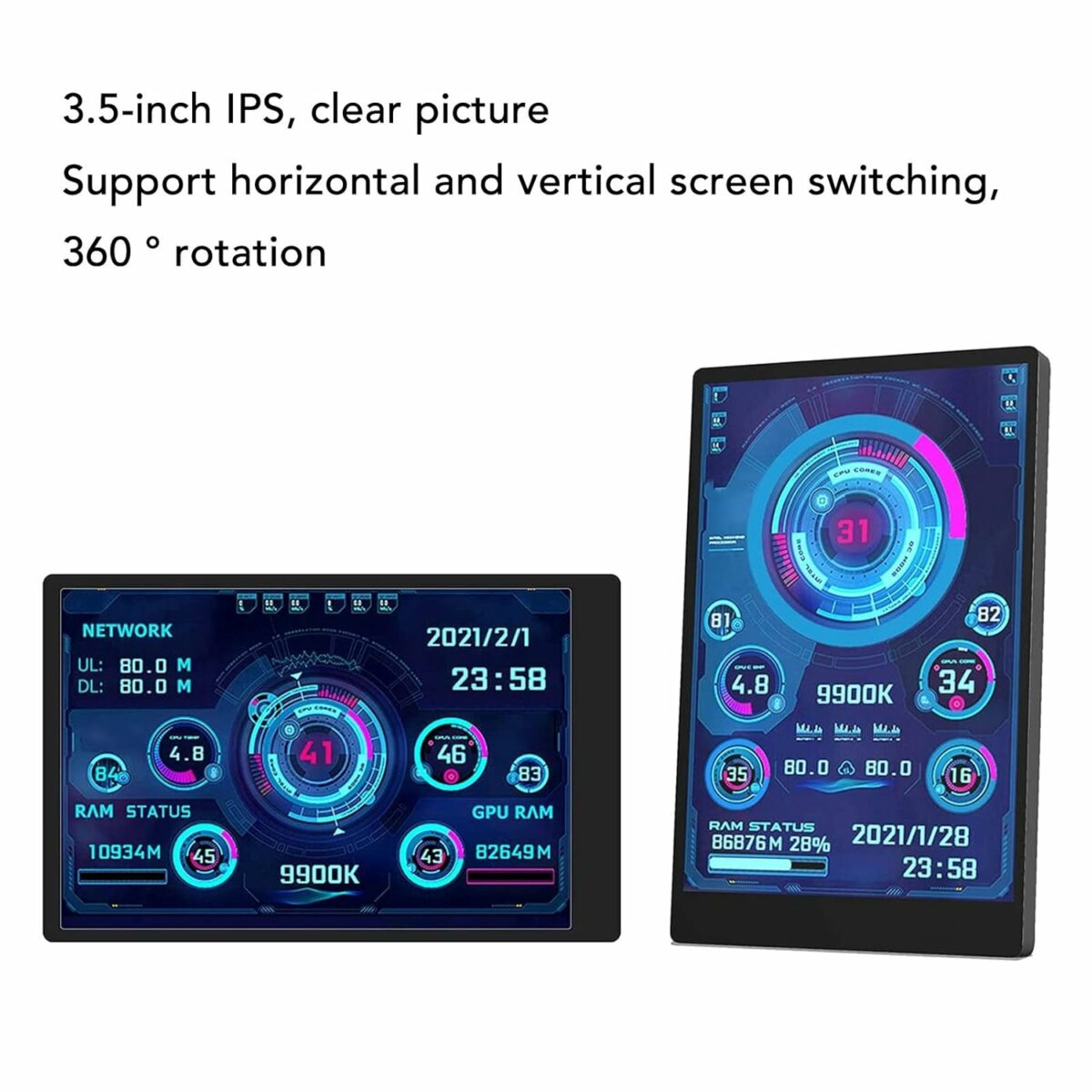 Folanda Computer Temp Monitor, 3.5In IPS USB Type C PC CPU RAM Data Monitor Computer