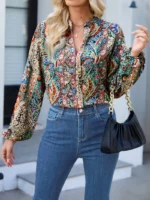 Paisley Print Notch Neck Blouse، بلوزة طويلة عارضة للربيع والخريف، ملابس نسائية