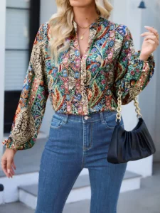 Paisley Print Notch Neck Blouse، بلوزة طويلة عارضة للربيع والخريف، ملابس نسائية