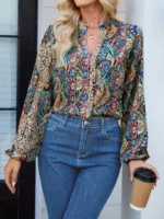 Paisley Print Notch Neck Blouse، بلوزة طويلة عارضة للربيع والخريف، ملابس نسائية