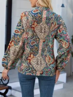 Paisley Print Notch Neck Blouse، بلوزة طويلة عارضة للربيع والخريف، ملابس نسائية