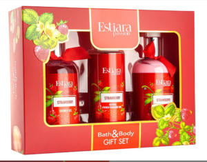 Estiara Passion Strawberry Bath & Body Beauty Skincare 3 Piece Gift Set Red - Strawberry Body Lotion 350ML - Strawberry Shower Gel 350ML - Strawberry Natural French Fragrance Mist 250ML