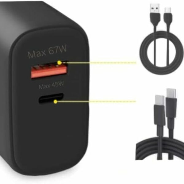 Dual Charging Ports: Equipped with two powerful charging ports, 67W and 45W, allowing you to charge two devices simultaneously at optimal speed. Wide Compatibility: Specially designed for Samsung models including S23, S24 Ultra, S21 Ultra, S21+, S22, A54, A53, A52, and A32, ensuring a perfect fit for your devices. Super Fast Charging: Experience lightning-fast charging speeds, reducing your downtime and keeping you connected on the go. High-Quality Type C Cables: Comes with two durable Type C cables (67W and 45W) to support the charger’s full potential, ensuring reliable and efficient power transfer. Safe and Reliable: Built with advanced safety features to protect your devices from overcharging, overheating, and short-circuiting, ensuring safe and reliable charging every time. Compact and Portable: The sleek, black design is foldable and compact, making it easy to carry in your bag or pocket, perfect for travel and daily use. Durable Construction: Made from high-quality materials, this charger is designed to last, providing you with long-term, dependable service.