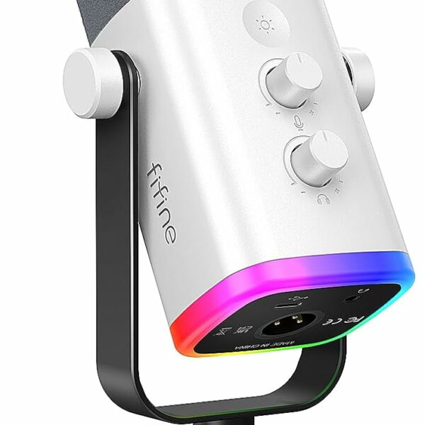 FIFINE XLR/USB Gaming Microphone for Streaming Podcasting, PC Computer RGB Mic for PS4/PS5, with Gain Knob, Mic Mute, Monitoring Jack, Gamer Mic for Recording Video Creation-AmpliGame AM8 White, AM8W