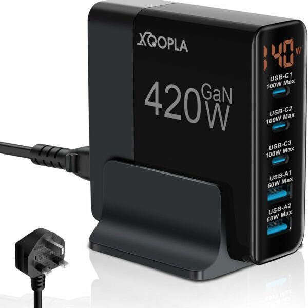 Xoopla 420W USB C Charger Charging Station with LED Display, 5-Port GaN Charger Type C, PD 100W Laptop Power Adapter for MacBook, iPhone, iPad, Galaxy, Huawei & More