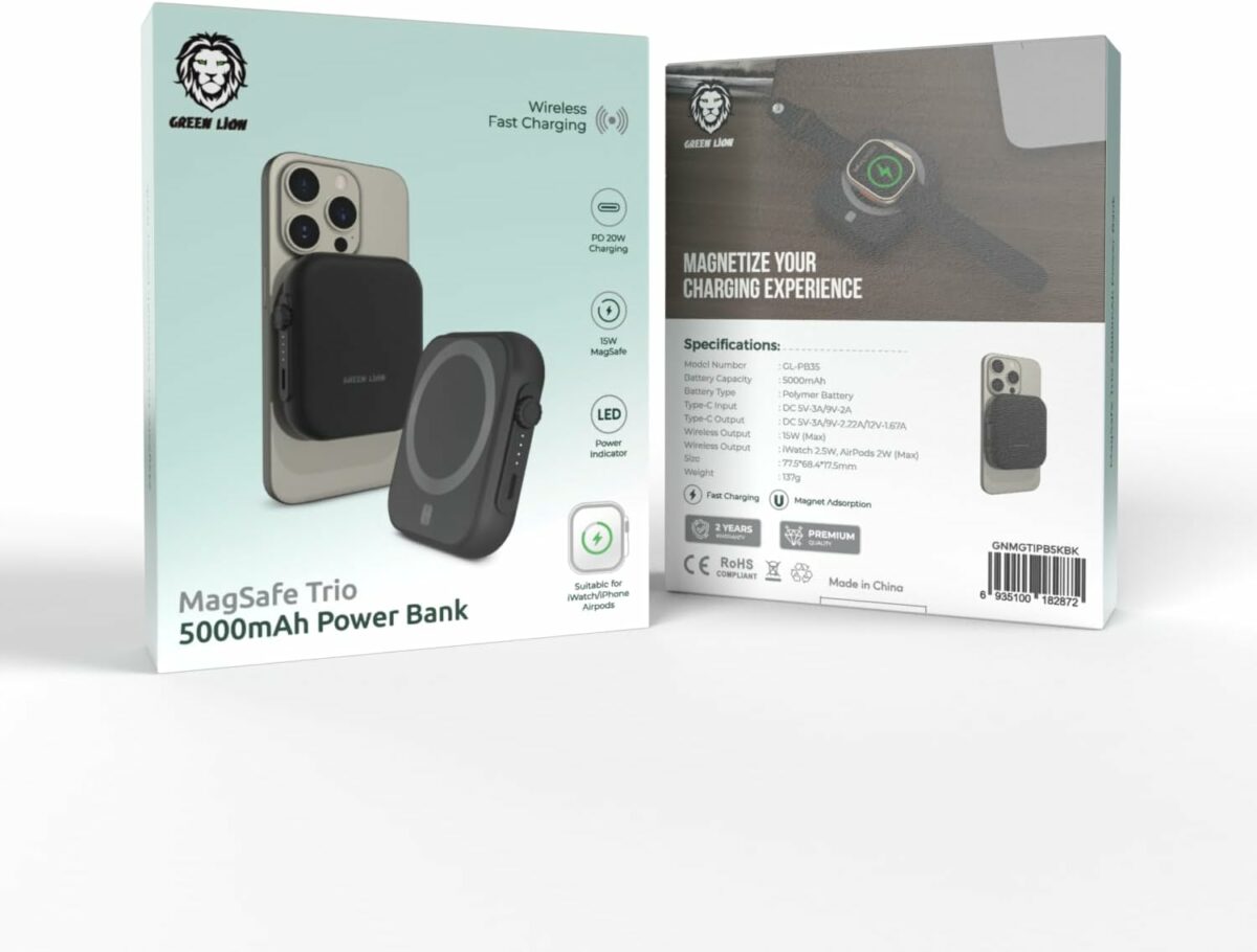 Green Lion Compatible With MagSafe Trio 5000mAh Power Bank Wireless Fast Charging PD 20W Magnet Adsorption Suitable & Compatible With iWatch Compatible With Airpods Smartphones LED Light Indicator