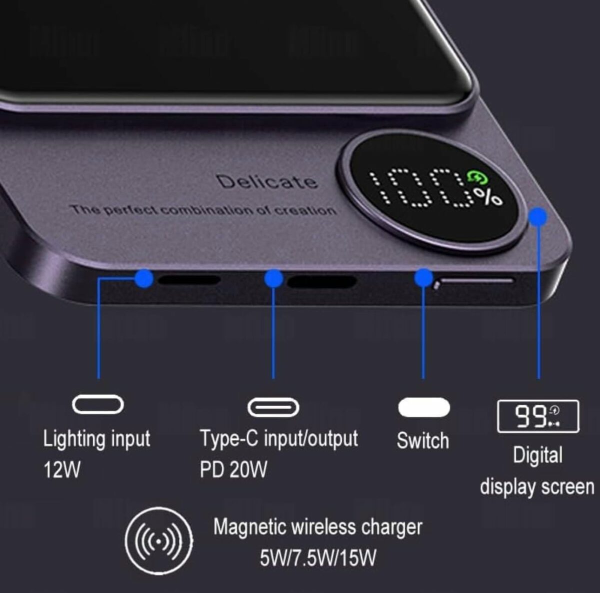 Portable Wireless Charger Power Bank, 10,000mAh, 20W Fast Charger Dual USB A-C,