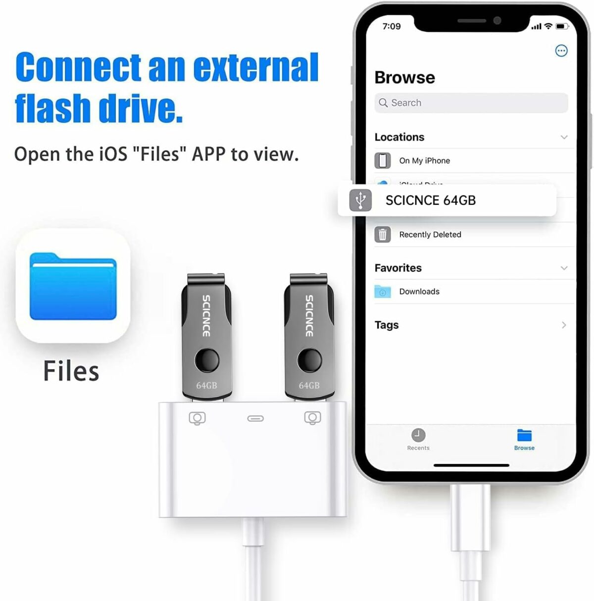 SCICNCE Lightning to USB 3.0 Camera Adapter Compatible with iPhone iPad, iPhone USB Adapter with 2 USB 3.0 and 1 Charging Port, No Application, Plug and Play (White)