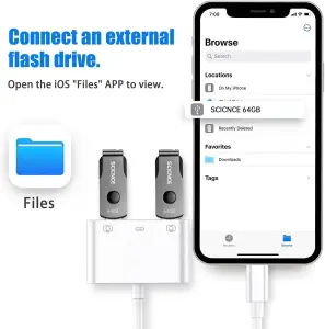 SCICNCE Lightning to USB 3.0 Camera Adapter Compatible with iPhone iPad, iPhone USB Adapter with 2 USB 3.0 and 1 Charging Port, No Application, Plug and Play (White)