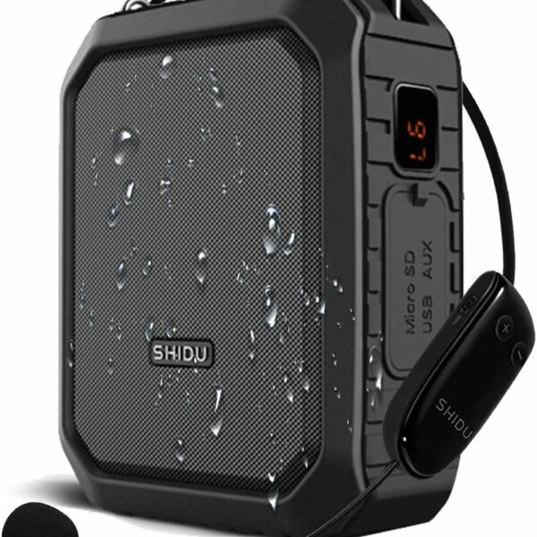 SHIDU Wireless Voice Amplifier Bluetooth Speaker Portable Waterproof PA System 18W with UHF Wireless Microphone Headset for Voice Amplifier for Class Tour Guide