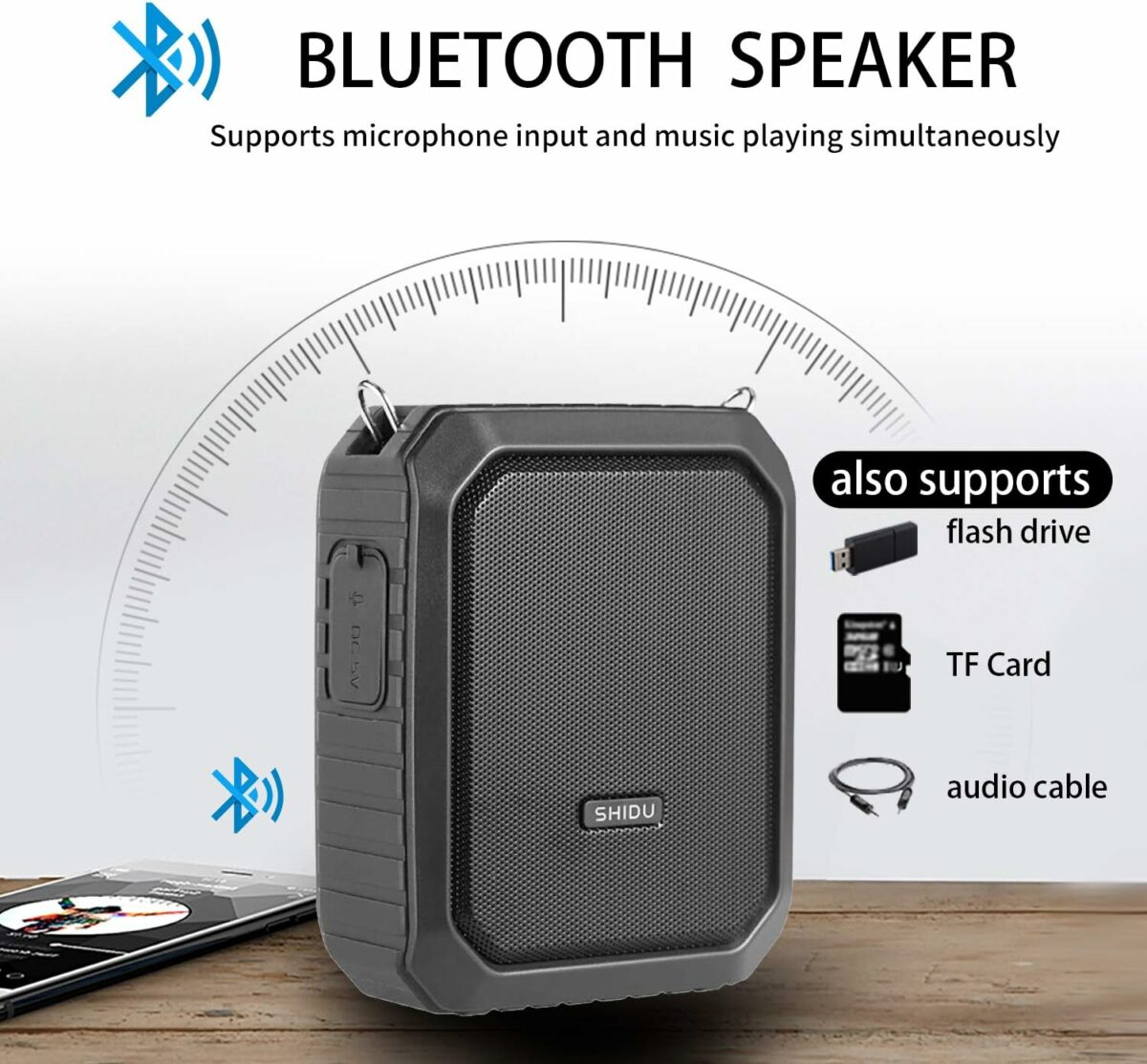 SHIDU Wireless Voice Amplifier Bluetooth Speaker Portable Waterproof PA System 18W with UHF Wireless Microphone Headset for Voice Amplifier for Class Tour Guide