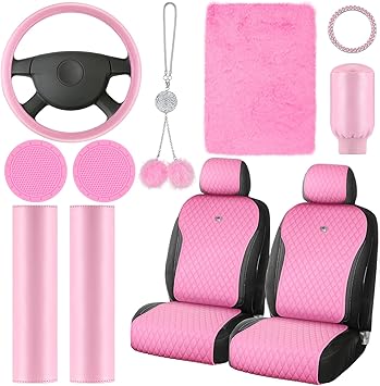 Nuenen 15 Pcs Pink Car Accessories Set Car Seat Covers Full Set Diamond Car Accessories Diamond Steering Wheel Covers Rhinestone Seat Belt Covers Glitter Center Console Pad Car Interior Decor