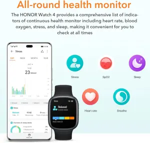 HONOR WATCH 4 SmartWatch, Bluetooth Calling, 1.75 inch AMOLED, GPS, 14 Days Standy, Spo2, Heart Rate and Stress Monitor, 5ATM, Compatible with Android and iOS, Black