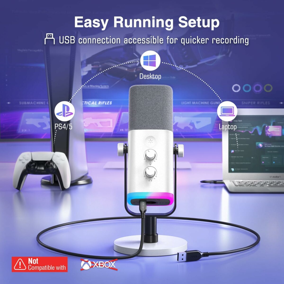 FIFINE XLR/USB Gaming Microphone for Streaming Podcasting, PC Computer RGB Mic for PS4/PS5, with Gain Knob, Mic Mute, Monitoring Jack, Gamer Mic for Recording Video Creation-AmpliGame AM8 White, AM8W