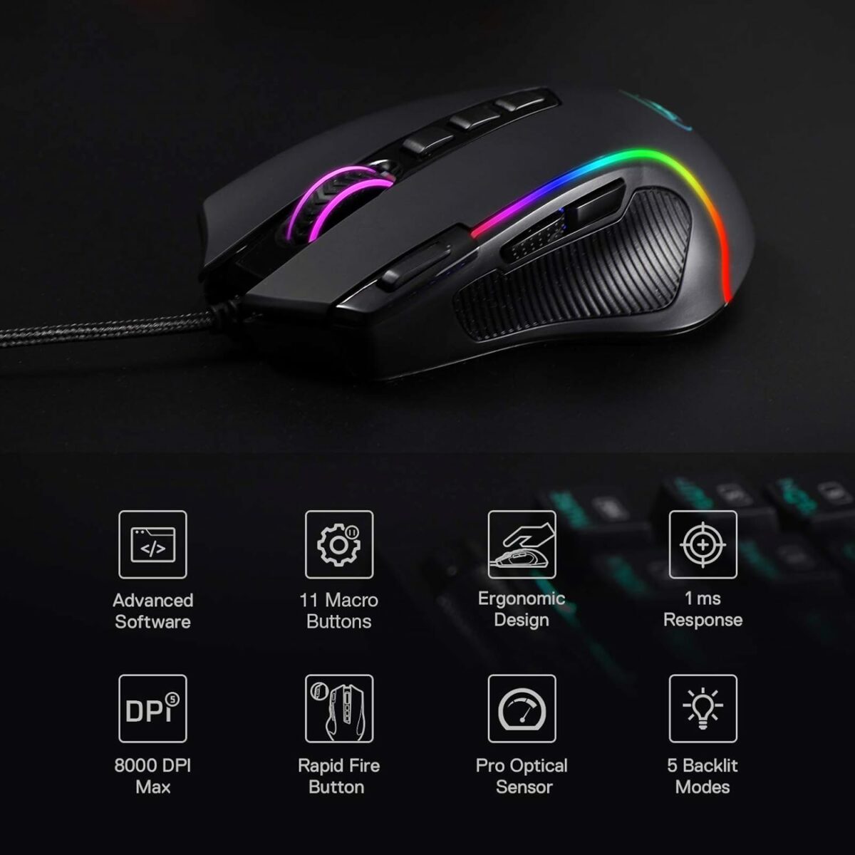 Redragon, Predator Wired Gaming Mouse, Black, M612-Rgb