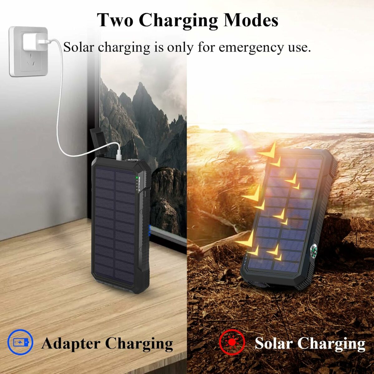 WASTDE Solar Power Bank 26800mAh, Power Bank 15W USB C Output Input Fast Charging with 4 Ports & Wireless Charging, Solar Charger Built in LED Flashlight Compass, Carabiner for Outdoors