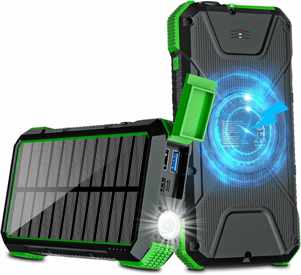 WASTDE Solar Power Bank 26800mAh, Power Bank 15W USB C Output Input Fast Charging with 4 Ports & Wireless Charging, Solar Charger Built in LED Flashlight Compass, Carabiner for Outdoors