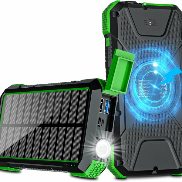 WASTDE Solar Power Bank 26800mAh, Power Bank 15W USB C Output Input Fast Charging with 4 Ports & Wireless Charging, Solar Charger Built in LED Flashlight Compass, Carabiner for Outdoors