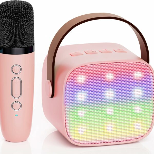 YLL Mini Karaoke Machine for Kids Adults, Portable Bluetooth Speaker with 2 Wireless Microphones,18 Pre-Loaded Songs Toys Birthday Gifts for Girls 4, 5, 6, 7, 8+ Years Old Toddler Teens (Lightpink)