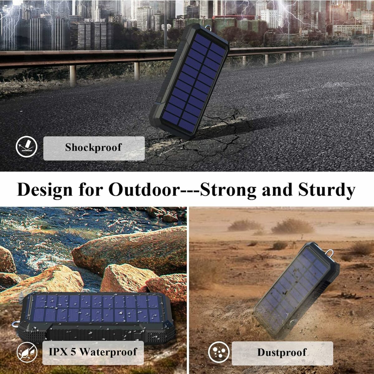 WASTDE Solar Power Bank 26800mAh, Power Bank 15W USB C Output Input Fast Charging with 4 Ports & Wireless Charging, Solar Charger Built in LED Flashlight Compass, Carabiner for Outdoors