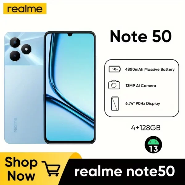 هاتف Realme Note 50 4G - رفيع للغاية، شاشة 90 هرتز، كاميرا 13 ميجابكسل بتقنية AI، تخزين 128 جيجابايت، بطارية 4890 مللي أمبير، مستشعر بصمات الأصابع، شحن USB-C، دعم لاسلكي [للجوال فقط]