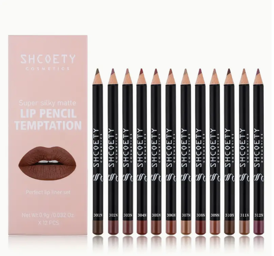 مجموعة من 12 قطعة من محدد الشفاه من SHOETSY Cosmetics - محدد شفاه غير لامع يدوم طويلاً لجميع أنواع البشرة، بدرجات ألوان مختلطة، بما في ذلك مبراة