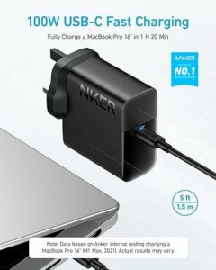 Anker Mac Book Pro Charger, 100W USB C Charger, Compact and Foldable Fast Charger for MacBook Pro, MacBook Air, iPhone, Samsung, iPad Pro, and All USB C Devices, 5 ft USB C to USB C Cable Included