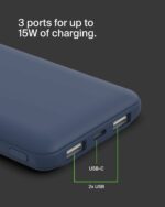 Belkin 10000mAh portable power bank, 10K USB-C portable charger with 1 USB-C port and 2 USB-A ports, battery pack for up to 15W charging for iPhone, Samsung Galaxy, AirPods, iPad, and more – Blue