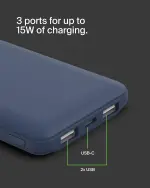 Belkin 10000mAh portable power bank, 10K USB-C portable charger with 1 USB-C port and 2 USB-A ports, battery pack for up to 15W charging for iPhone, Samsung Galaxy, AirPods, iPad, and more – Blue