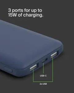 Belkin 10000mAh portable power bank, 10K USB-C portable charger 1 Belkin 10000mAh portable power bank, 10K USB-C portable charger with 1 USB-C port and 2 USB-A ports, battery pack for up to 15W charging for iPhone, Samsung Galaxy, AirPods, iPad, and more – Blue