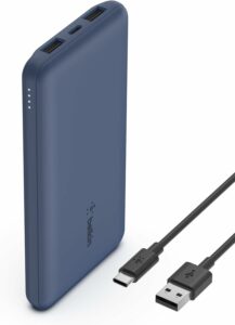 Belkin 10000mAh portable power bank, 10K USB-C portable charger with 1 USB-C port and 2 USB-A ports, battery pack for up to 15W charging for iPhone, Samsung Galaxy, AirPods, iPad, and more – Blue