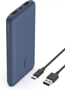 Belkin 10000mAh portable power bank, 10K USB-C portable charger 2 Belkin 10000mAh portable power bank, 10K USB-C portable charger with 1 USB-C port and 2 USB-A ports, battery pack for up to 15W charging for iPhone, Samsung Galaxy, AirPods, iPad, and more – Blue