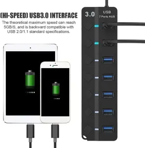 Powered USB Hub 3.0, 7 Ports USB Charging Extender Data Hub Splitter Extension, with Individual Switches and Lights for Laptop, PC, Computer, USB Devices Super Compatible, 5Gbps Data Transfer Speed