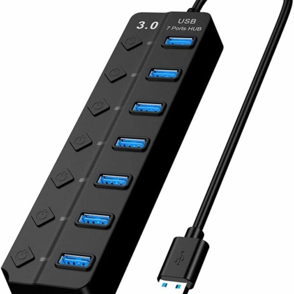 Powered USB Hub 3.0, 7 Ports USB Charging Extender Data Hub Splitter Extension, with Individual Switches and Lights for Laptop, PC, Computer, USB Devices Super Compatible, 5Gbps Data Transfer Speed