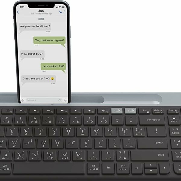 Logitech K580 Slim Multi-Device Wireless Keyboard - Bluetooth/Receiver, Compact, Easy Switch, 24 Month Battery, Win/Mac, Desktop, Tablet, Smartphone, Laptop Compatible, Arabic Graphite