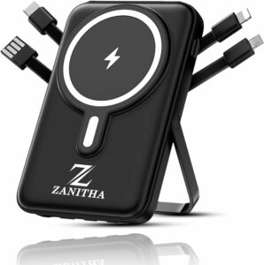 ZANITHA Wireless Power Bank 10000mAh with Built-in Cables | MagSafe Battery Pack Powerbank - Magnetic Power Bank with LED Screen & PD Fast Charging for iPhone 16/15/14/Pro/Max, Samsung &Smart Watches