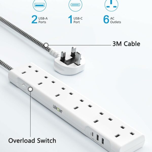 LENCENT 3M Extension Lead with USB Slots, 6 Way Outlets Power Strip with 1 USB-C and 2 USB Slots,Multi Power Plug Extension with 3M Braided Extension Cord for Home Office, White