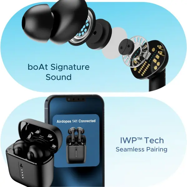 boAt Airdopes 141 Bluetooth Truly Wireless in Ear Earbuds with mic, 42H Playtime, Beast Mode(Low Latency Upto 80ms) for Gaming, ENx Tech, ASAP Charge, IWP, IPX4 Water Resistance (Bold Black), One Size