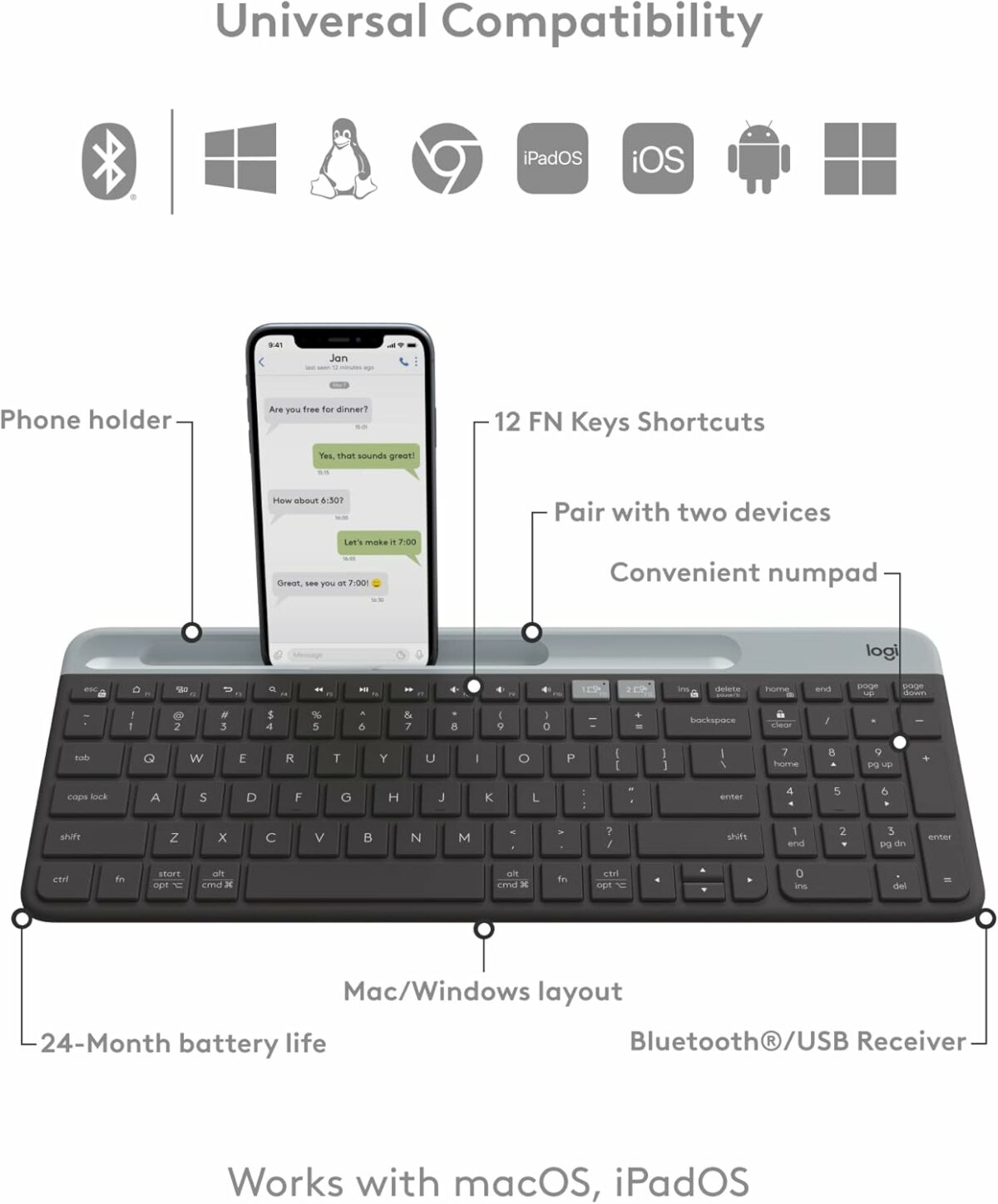 Logitech K580 Slim Multi-Device Wireless Keyboard - Bluetooth/Receiver, Compact, Easy Switch, 24 Month Battery, Win/Mac, Desktop, Tablet, Smartphone, Laptop Compatible, Arabic Graphite